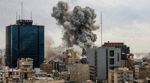 Massive explosion with thick smoke over city buildings, urban warfare, aerial bombing in metropolitan area, city under attack, war zone destruction, global conflict, air strike.