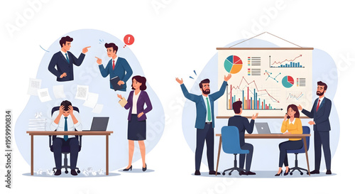 Office Problems Vector Set – Workplace Conflict Stress Mistakes Crisis Business Flat Illustration
