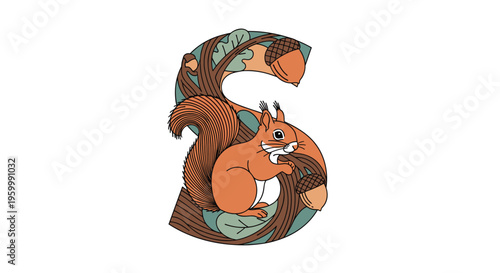 Ornamental letter s design featuring a red squirrel perched on a tree branch among oak leaves and several acorns.