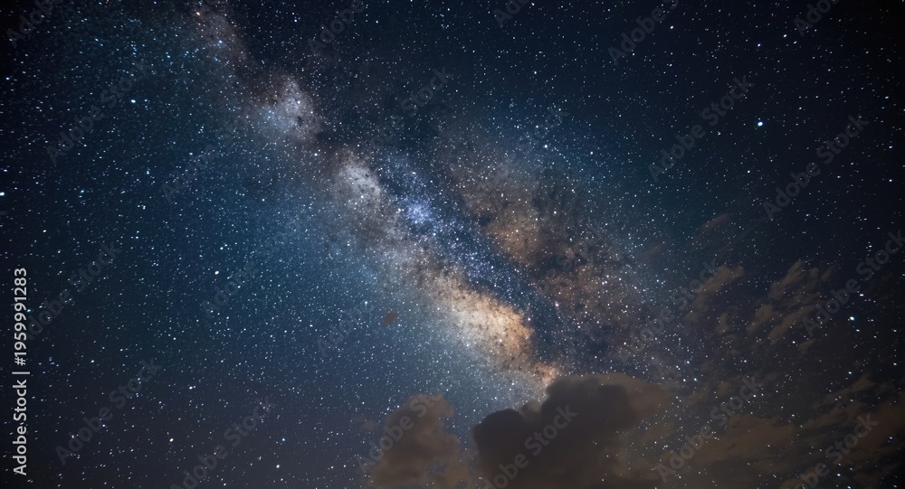 Fototapeta premium Natural phenomenon of Milky Way galaxy with stars and clouds at night copy space