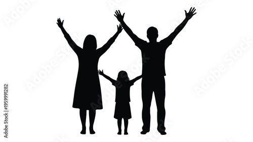 Happy family with arms raised in celebration together
