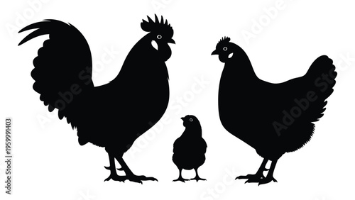 A rooster and hen with a chick standing together