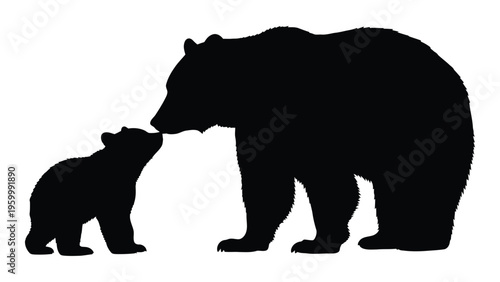 A large bear gently touches noses with a small cub