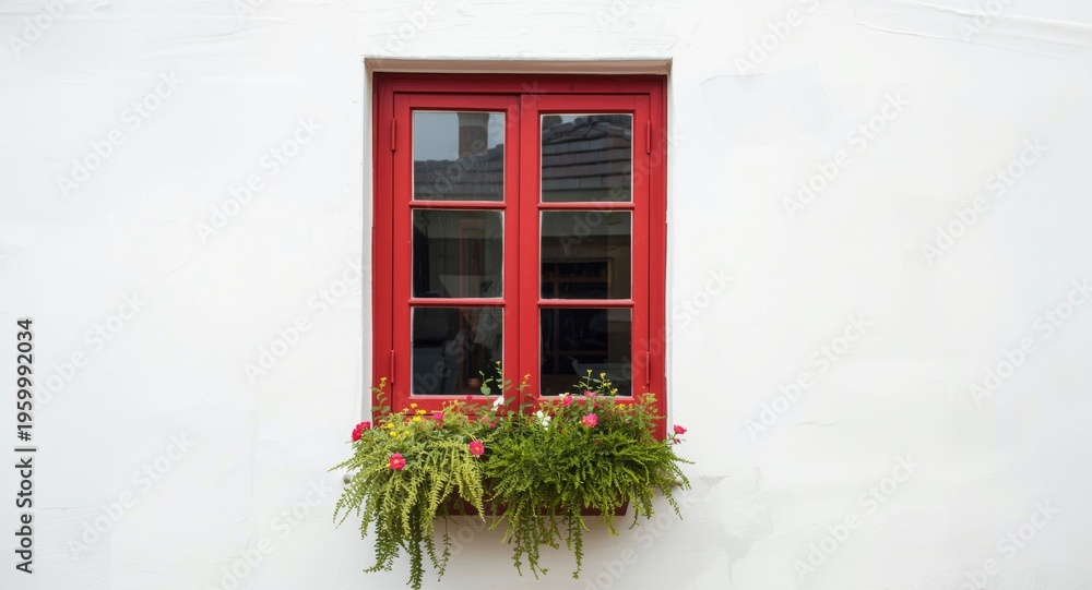 Fototapeta premium Outdoor serene scene with red framed window and flourishing potted greenery on white background