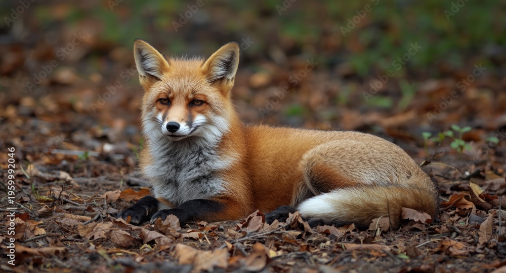 Obraz premium a relaxed fox positioned on woodland floor portrayed through AI technology