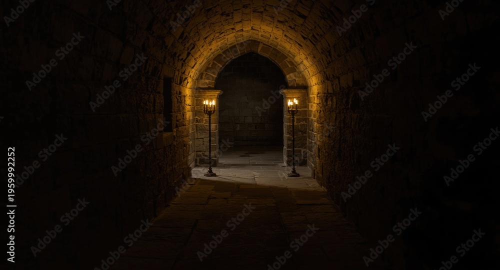 Obraz premium Medieval church interior featuring a dark stone passage with candle glow