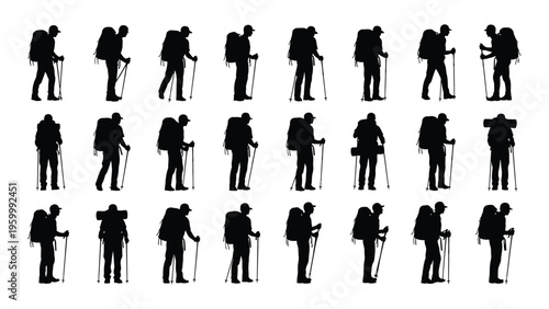 A group of hikers in various poses with backpacks