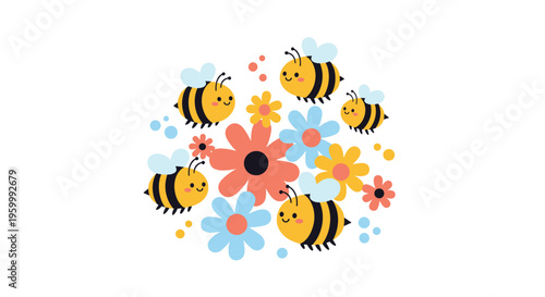 Adorable cartoon bees flying among colorful spring flowers with happy faces to create a cheerful nature themed illustration.