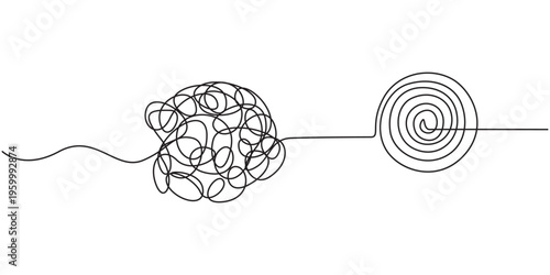 Chaos and mess circle continuous line drawn Psychotherapy linear concept  vector problem solution symbol. Open book with chaos and mess circle continuous one line drawn  Problem solution symbol