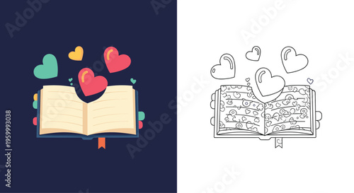 Open book with colorful hearts floating out from the pages shown in both a vibrant colored version and a clean outline version.