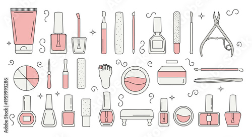 Comprehensive set of manicure and pedicure tool icons including nail polish, files, clippers, and creams for beauty salon themes.