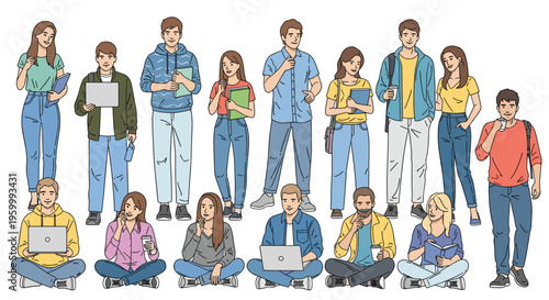 Large illustration of a diverse group of college students standing and sitting while holding books and laptops in casual clothing.