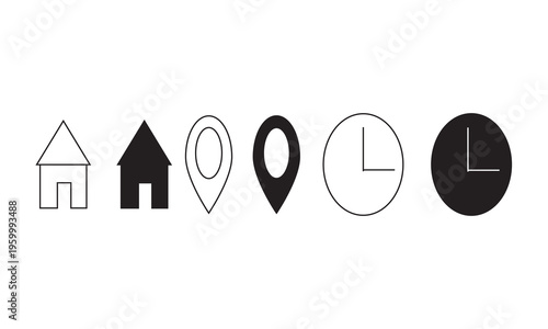minimal UI icon set with home, location pin, and clock symbols in outline and solid styles