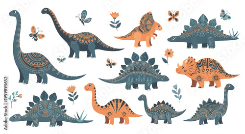 Whimsical collection of dinosaurs decorated with intricate folk art patterns and floral elements alongside colorful butterflies in a nature scene.