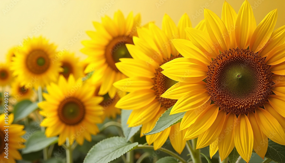 Obraz premium Sunflowers blooming against a yellow background 