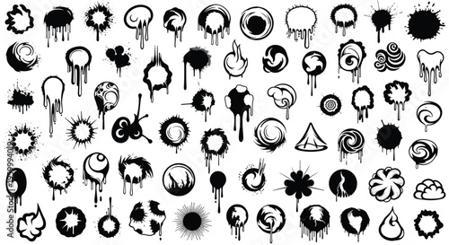 Large collection of black ink splatters and dripping paint circles provides a variety of textured grunge elements for creative graphic design projects.