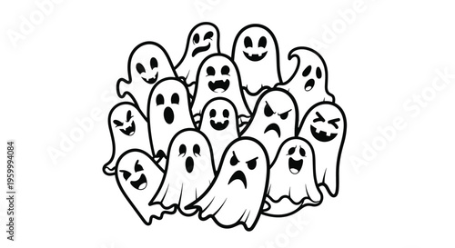 Group of cute cartoon ghosts with different funny and spooky facial expressions gather together for a festive and friendly halloween celebration.