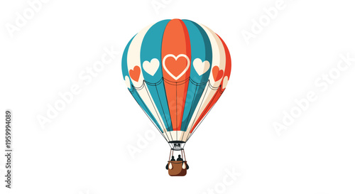 Colorful vintage hot air balloon decorated with heart patterns floats gracefully in the sky with two tiny passengers visible in the basket below.