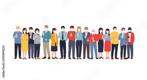Large group of diverse people wearing protective face masks and holding bottles of hand sanitizer emphasizes health safety and hygiene practices.