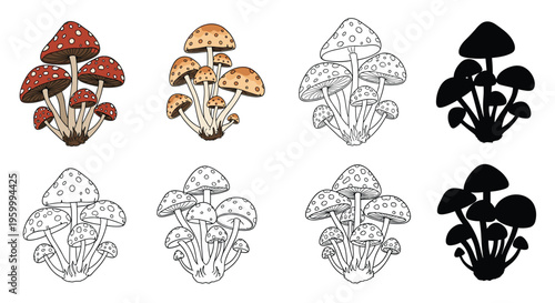 Various styles of mushroom clusters are presented in full color, black and white line art, and solid silhouette versions for versatile design use.