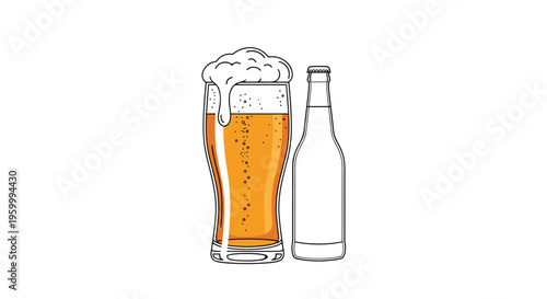 Cold glass of beer with a thick white foam head stands next to a classic beer bottle in a simple and clean line art illustration style.