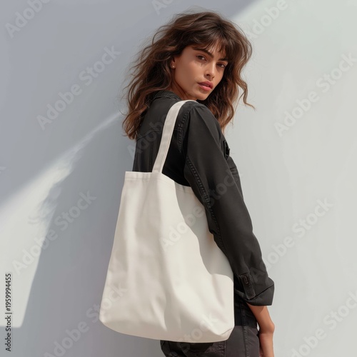 Stylish woman carrying a simple white cotton tote bag, standing indoors with natural light casting shadows.