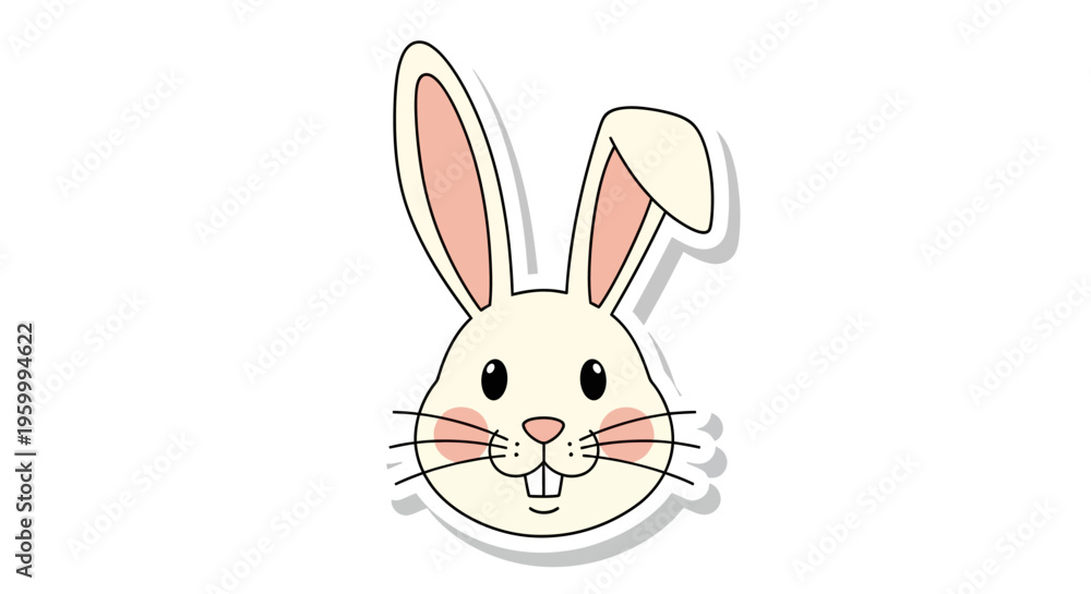 Fototapeta premium Cute cartoon rabbit face illustration, simple, white bunny with pink ears, sticker style