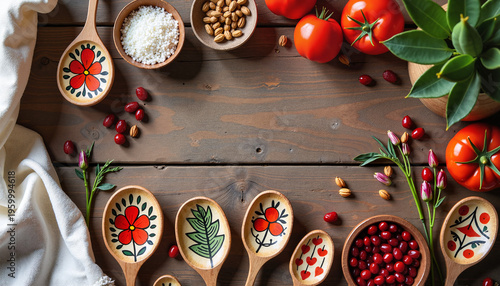 Colorful wooden utensils and fresh ingredients on rustic table  
