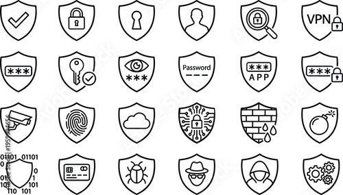 A set of line art design vector silhouettes representing various security and protection concepts in a bundle of shield icons.