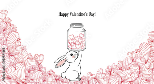 Adorable white bunny rabbit holds up a large glass jar filled with pink hearts to celebrate a happy valentine day with sweet festive greetings.