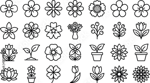 A set of line art flowers and plants in a vector design concept, featuring various silhouettes of blooms and foliage in pots and vases.