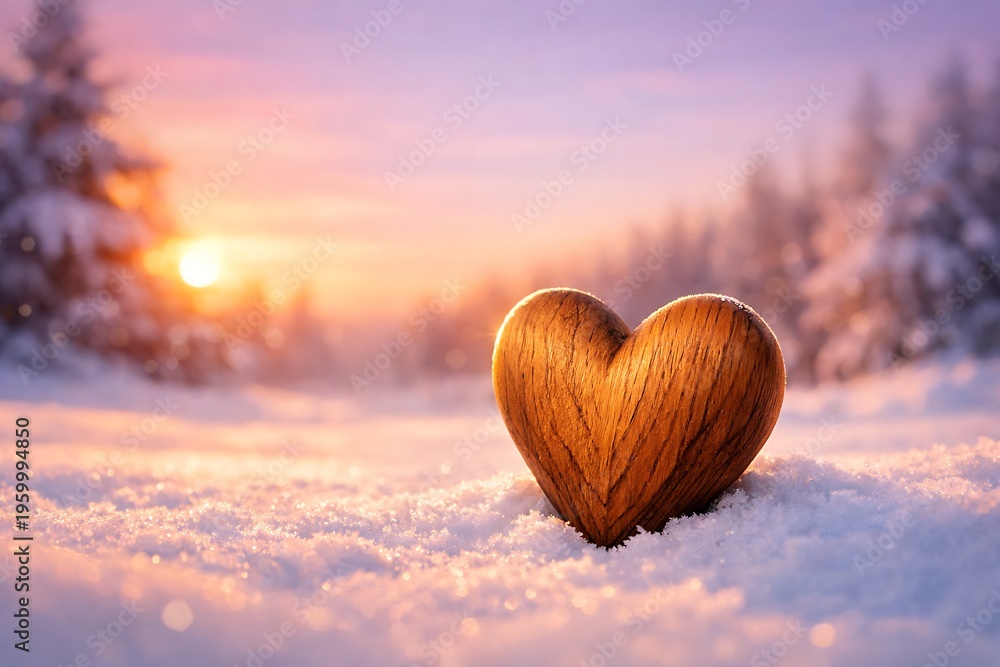 Fototapeta premium Wooden Heart Shape in Snowy Forest During Golden Sunrise with Soft Light Glow