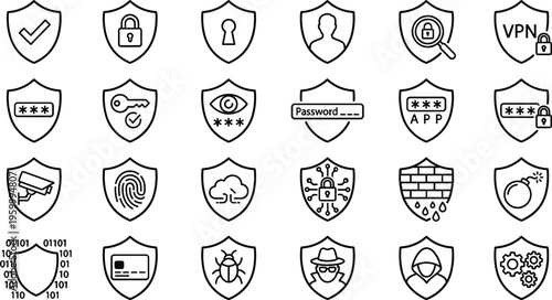 A set of line art design vector silhouettes concept for cybersecurity and data protection