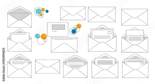 Comprehensive set of envelope icons includes open and closed mail items with letters, stamps, and colorful decorative circular elements.