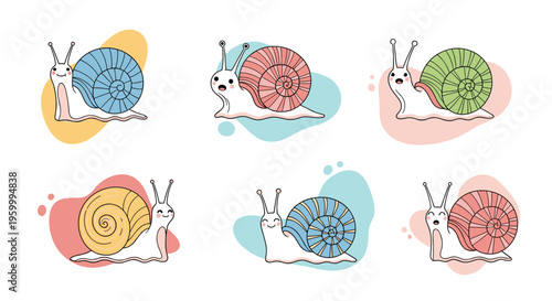 Set of six cute cartoon snails with colorful shells in blue, pink, green, and yellow colors showing different happy and surprised expressions.