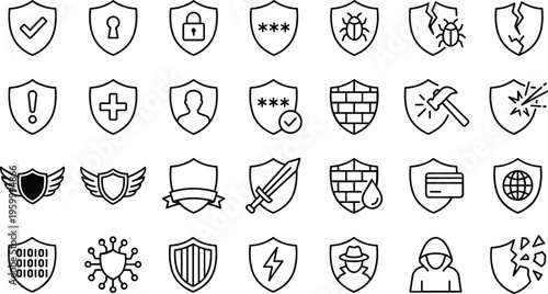 A set of line art shield icons in a vector design concept, including security, protection, and safety symbols, forming a bundle of silhouette illustrations.