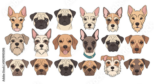 Diverse collection of dog breed portraits includes pugs, terriers, and hounds illustrated in a consistent and detailed graphic vector style.