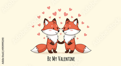 Two cute red foxes hold hands and look at each other surrounded by floating pink hearts with the text be my valentine written below them.