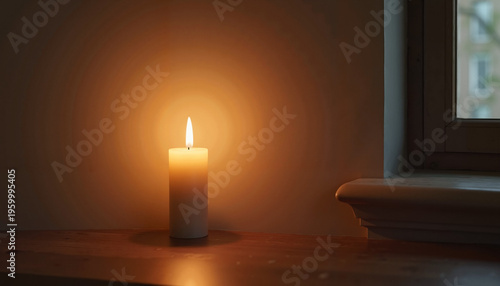 Lit candle on wooden surface by window

