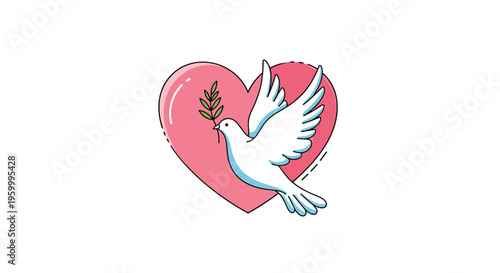 White peace dove carrying an olive branch flying gracefully in front of a large pink heart shape on a clean white background.