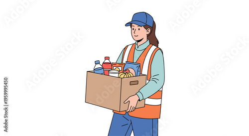 Female delivery worker wearing a safety vest and cap carrying a cardboard box filled with food supplies and bottled water for a customer.
