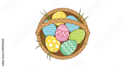 Colorful Easter Eggs in Woven Basket with Grass - Top View