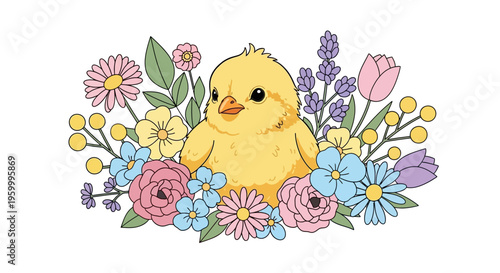 Cute yellow chick surrounded by colorful spring flowers and green leaves, Easter theme