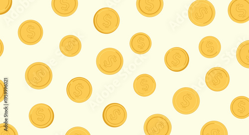 Seamless pattern featuring numerous gold coins with dollar signs scattered across a light beige background representing wealth and finance.