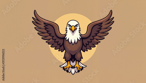 Cartoon eagle flying against a yellow circular background

