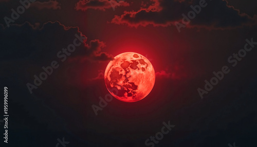 Red moon glowing against dark stormy clouds
