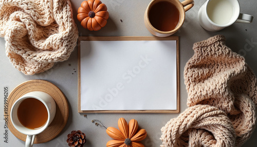 Cozy autumn flat lay with pumpkins, tea, and knitted scarf
