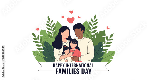 Happy multi-ethnic family of four embraced together in front of green leaves and floating hearts for International Families Day.