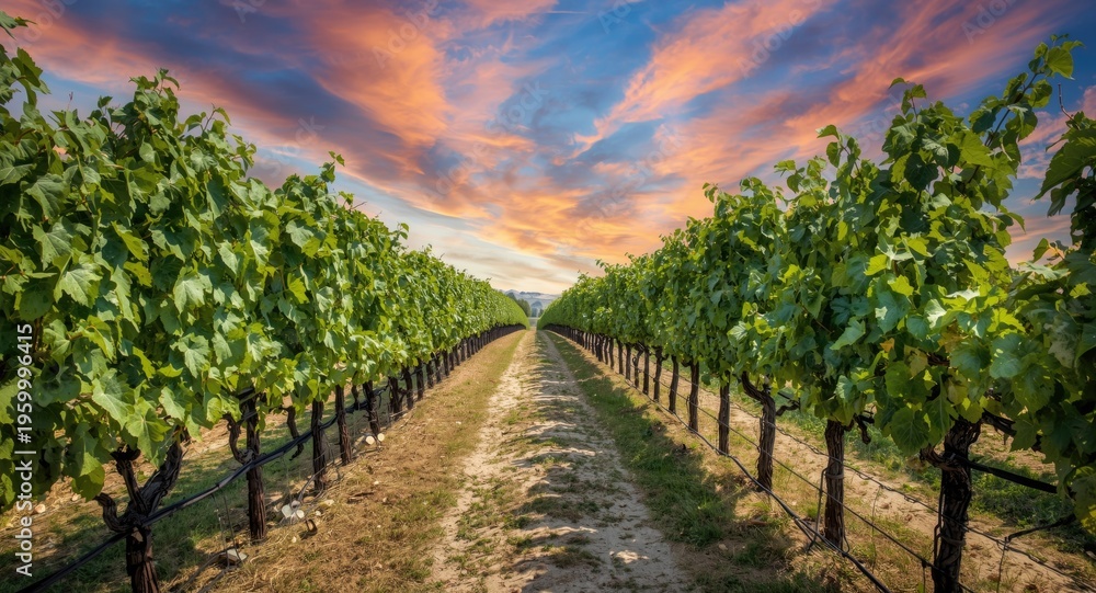Fototapeta premium Pastoral walkway enclosed by thriving grapevines under clear and vivid skies
