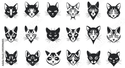 Large set of eighteen unique cat face illustrations in black and white featuring various breeds, expressions, and markings for feline lovers.